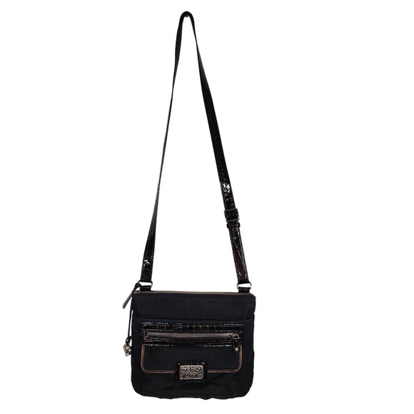 BRIGHTON Crossbody Bag Womens Black Nylon Patent Croc Trim Heart Charm Key Leash - Picture 2 of 16